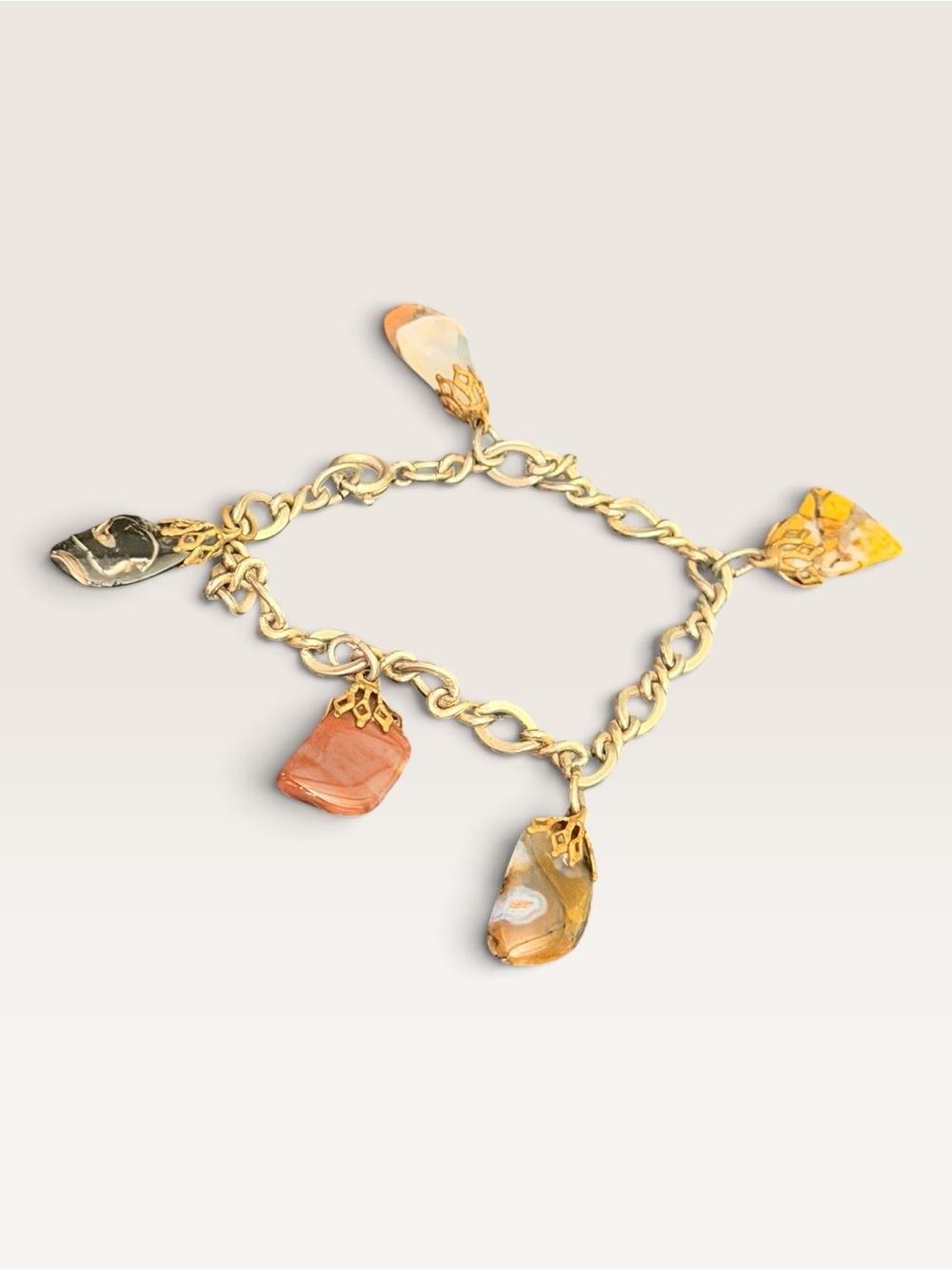 Vintage Mid Century Agate Jasper Stone Charm Bracelet Gold Tone 5.5”
